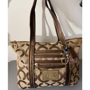 Coach Poppy Signature Tote Bag Khaki Brown Canvas Leather Trim Style 13828 Y2K